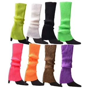 Detailed view showing eight pairs of neon knitted leg warmers in vibrant candy colors.
