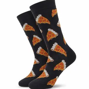 Detailed view of black crew socks with a vibrant all-over pizza slice pattern