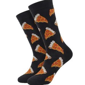 Stylish women's black crew socks featuring a fun and colorful pizza slice pattern