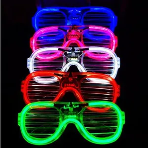 Detail view of five colorful LED light-up shutter glasses for parties and kids' celebrations