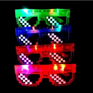 Close-up view of four stacked glowing LED pixel sunglasses in different vibrant colors