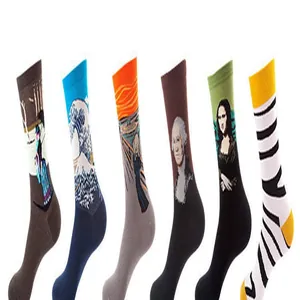 Sechs Paar bunte Baumwollsocken mit berühmten Kunstmotiven auf weißem Hintergrund.