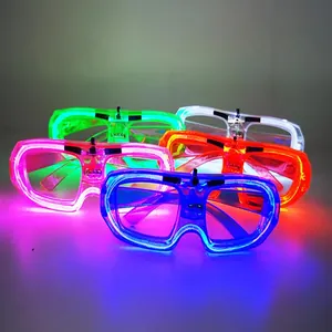 Close-up of vibrant LED glowing party glasses in multiple colors like blue, pink, and green