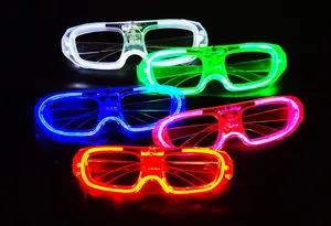 Close-up detail of square LED cold light glowing glasses in multiple vibrant neon colors