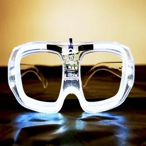 Close-up of white LED luminous glasses for children featuring a futuristic glow