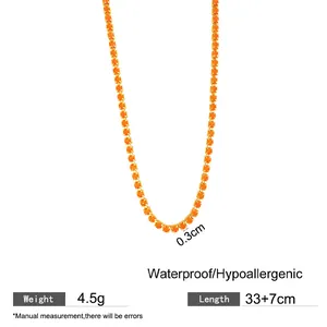 Detailed view of orange crystal tennis necklace with weight and length specs