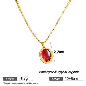 Élégant collier plaqué or avec pendentif en zircon rouge ovale et longueur de chaîne réglable