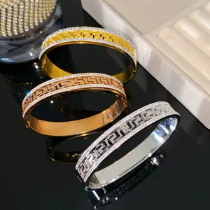Retro Mäander Titanium Stahl Armreif Für Damen Gold Silber Vergoldet Strass Eingelegtes Griechisches Muster Armband Schmuck