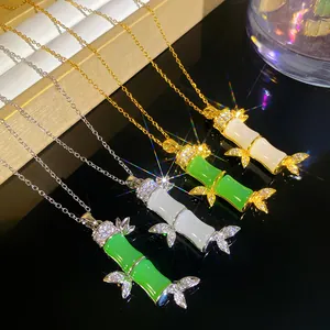 Collana con Pendente a Nodo di Bambù Minimalista Acciaio al Titanio Rame Pavé di Strass Gioielli per Donna