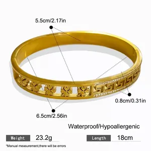 Gold titanium steel bangle with hollow four-leaf clover and Greek key pattern dimensions