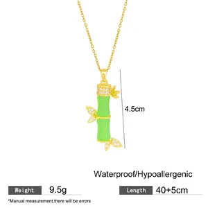 Detailed view of bamboo-shaped imitation jade pendant necklace with measurements
