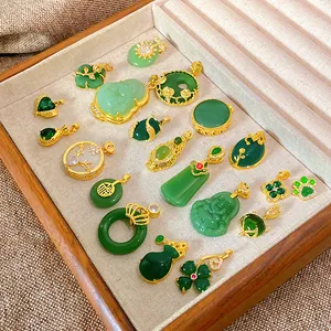 New Chinese Style Pendant Necklace Titanium Steel Copper Zirconia Green Imitation Jade Gourd Buddha Flower Design Jewelry For Women