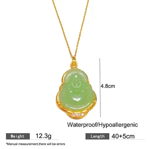 Close-up of Laughing Buddha jade pendant necklace showing weight and size specifications