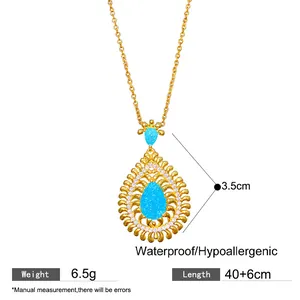 Detailed view of vintage turquoise teardrop necklace with gold-plated chain measurements