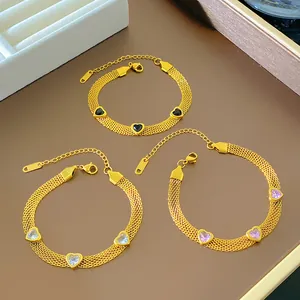 Gold Plated Stainless Steel Mesh Bracelet For Women Light Luxury Heart Zirconia Charm Adjustable Chain Fashion Jewelry Gift