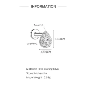 Abmessungen und Materialdetails des birnenförmigen Moissanit-Ohrsteckers aus 925 Silber