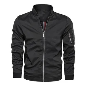 Close-up detail of a men's black business casual bomber jacket featuring a sleeve zipper pocket
