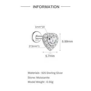 Detaillierte Maße und Materialien für Herz-Moissanit-Ohrstecker aus 925 Silber