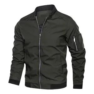 Front view of a dark olive green men's bomber jacket with ribbed collar and cuffs