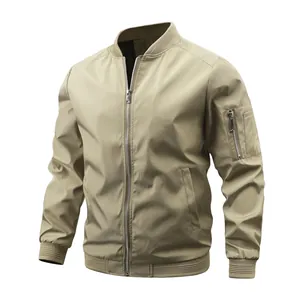 Detailed close-up view of a khaki men's lightweight bomber jacket with arm zipper pocket
