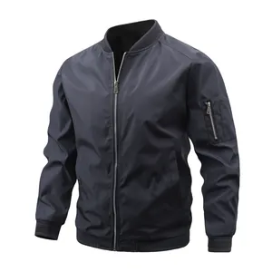 Men's classic dark navy bomber jacket with ribbed cuffs and a sleeve utility pocket