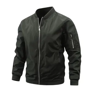 Detailed view of a black men's bomber jacket with ribbed collar and sleeve zipper