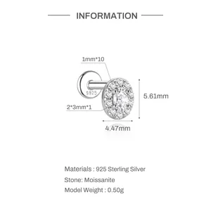 Detaillierte Maße des runden Piercing-Ohrrings aus 925er Sterling Silber Moissanit