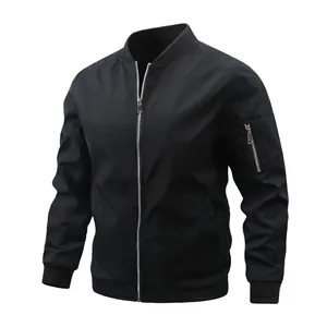 Detailed view of a men's black casual bomber jacket with silver zippers