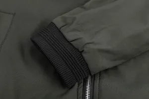Detailed view of men's casual jacket showing black ribbed cuff texture and metal zipper