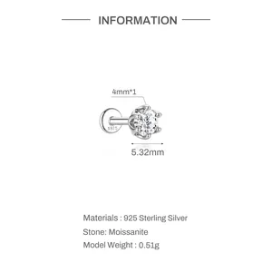 Detailansicht eines 925er Sterlingsilber-Moissanit-Ohrsteckers mit 5,32 mm Maßen