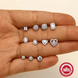 Set aus funkelnden 925er Sterlingsilber Moissanit Ohrsteckern in verschiedenen Formen