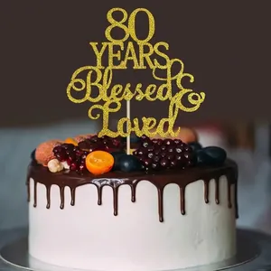 Χρυσό glitter 80 YEARS Blessed & Loved διακοσμητικό τούρτας για 80ά γενέθλια