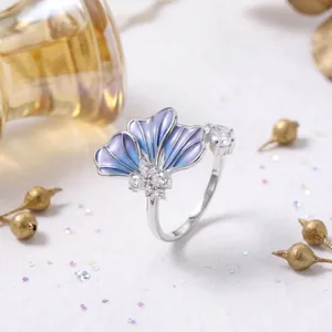 Elegant blue gradient enamel petal ring with cubic zirconia, adjustable open band