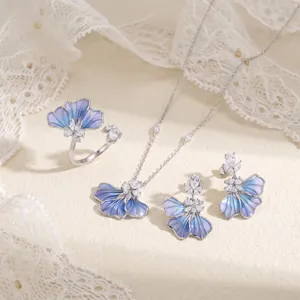Elegant blue gradient enamel petal jewelry set with ring necklace and earrings