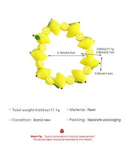 Close-up of yellow resin lemon bead bracelet with precise measurements and weight