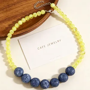 Fresh dopamine style acrylic beaded necklace featuring yellow and blue marbled beads