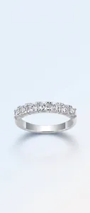 Close-up of S925 sterling silver moissanite ring featuring a sparkling row of seven stones.