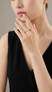 Close-up view of a sparkling S925 silver moissanite eternity ring worn on a finger