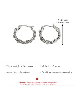Elegant silver-toned copper hoop earrings with opal-like stones, 1.5cm diameter