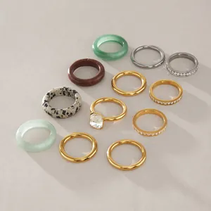 Natural stone stainless steel rings collection with elegant square crystal detail
