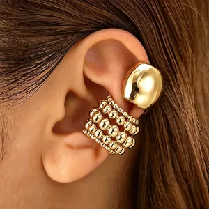 Elegant gold-tone copper beaded and smooth square ear cuffs for non-pierced ears jewelry