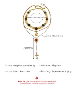 Detailed view of layered necklaces with cross and heart pendants showing dimensions.