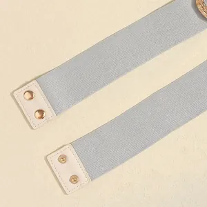 Detailopname van een zilveren elastische brede riem met beige lederen uiteinden