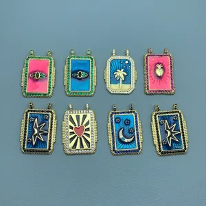 Retro Kupfer Emaille Böser Blick Herz Palme Quadrat Anhänger Für DIY Halskette Schmuckherstellung 18K Vergoldet Strass Charms