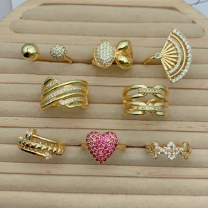 Vintage 18K Gold Plated Copper Micro Inlaid Zirconia Open Ring for Women Heart Geometric Fan Shaped Adjustable Finger Jewelry