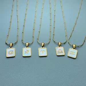 Detailansicht goldener Edelstahlhalsketten mit schillernden Muschel-Sternzeichenanhängern