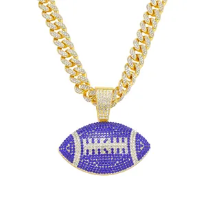 Exquisite iced out blue football pendant necklace with gold Cuban link chain for hip hop men