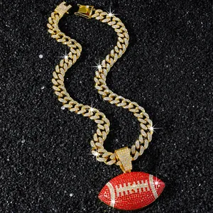 Collier Pendentif Rugby Football Hip Hop Iced Out Hommes Alliage de Zinc Strass Mailles Gourmette Or Argent