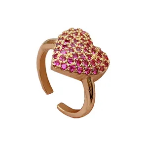Vintage gold plated heart ring with micro-set pink zircons for women.