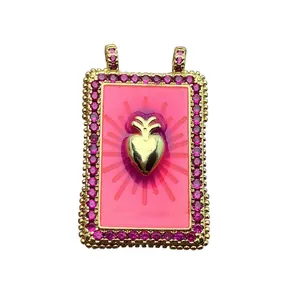 Vintages Herzanhänger aus Gold mit rosa Emaille und CZ-Rand für DIY-Schmuckstücke